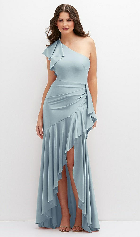 Front View - Mist One-Shoulder Stretch Satin Mermaid Dress with Cascade Ruffle Flamenco Skirt