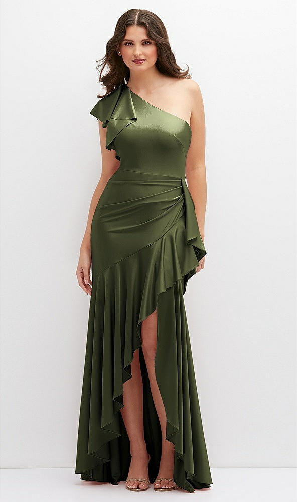 Front View - Olive Green One-Shoulder Stretch Satin Mermaid Dress with Cascade Ruffle Flamenco Skirt