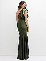 Rear View Thumbnail - Olive Green One-Shoulder Stretch Satin Mermaid Dress with Cascade Ruffle Flamenco Skirt