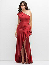 Front View Thumbnail - Poppy Red One-Shoulder Stretch Satin Mermaid Dress with Cascade Ruffle Flamenco Skirt