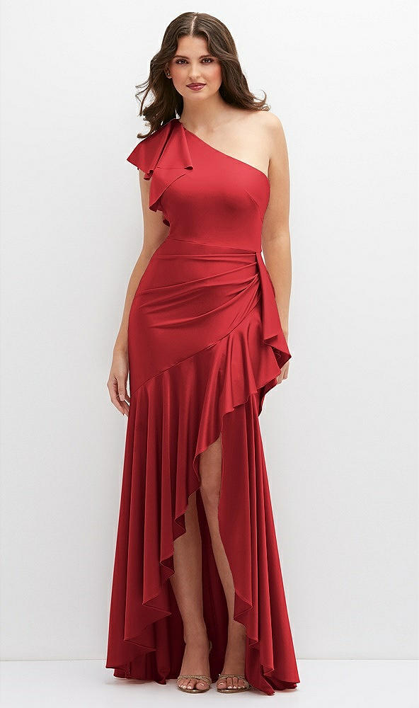 Front View - Poppy Red One-Shoulder Stretch Satin Mermaid Dress with Cascade Ruffle Flamenco Skirt