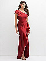 Side View Thumbnail - Poppy Red One-Shoulder Stretch Satin Mermaid Dress with Cascade Ruffle Flamenco Skirt