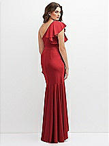 Rear View Thumbnail - Poppy Red One-Shoulder Stretch Satin Mermaid Dress with Cascade Ruffle Flamenco Skirt