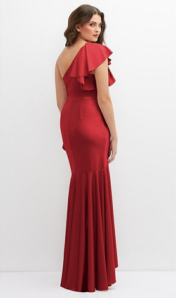 Back View - Poppy Red One-Shoulder Stretch Satin Mermaid Dress with Cascade Ruffle Flamenco Skirt