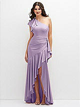 Front View Thumbnail - Pale Purple One-Shoulder Stretch Satin Mermaid Dress with Cascade Ruffle Flamenco Skirt