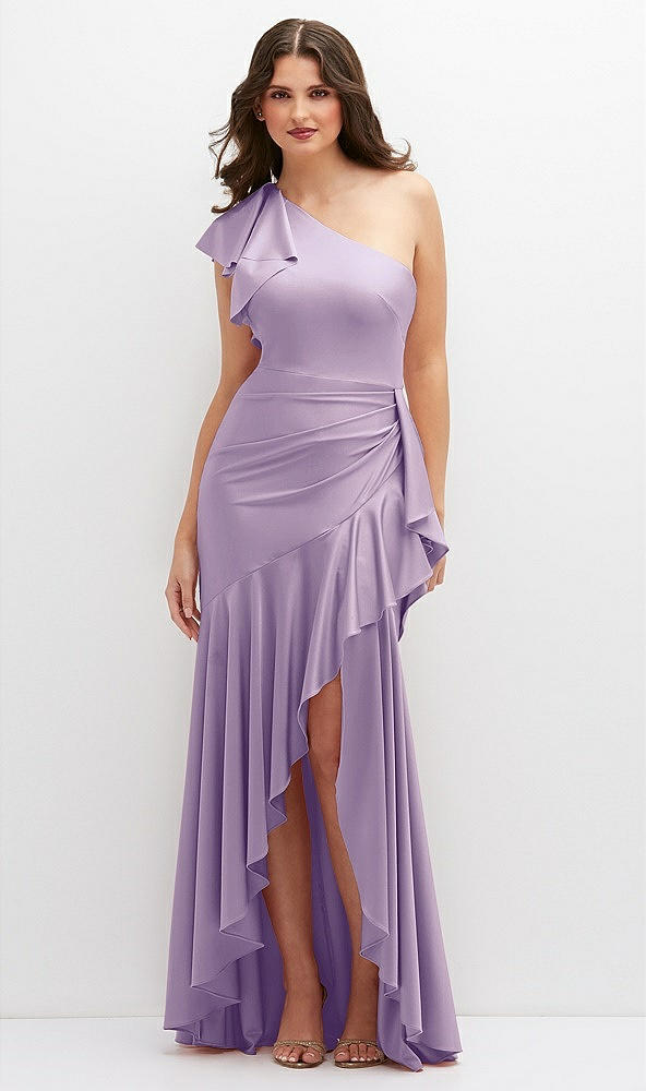 Front View - Pale Purple One-Shoulder Stretch Satin Mermaid Dress with Cascade Ruffle Flamenco Skirt