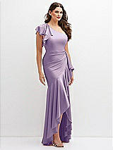 Side View Thumbnail - Pale Purple One-Shoulder Stretch Satin Mermaid Dress with Cascade Ruffle Flamenco Skirt