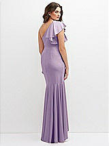 Rear View Thumbnail - Pale Purple One-Shoulder Stretch Satin Mermaid Dress with Cascade Ruffle Flamenco Skirt