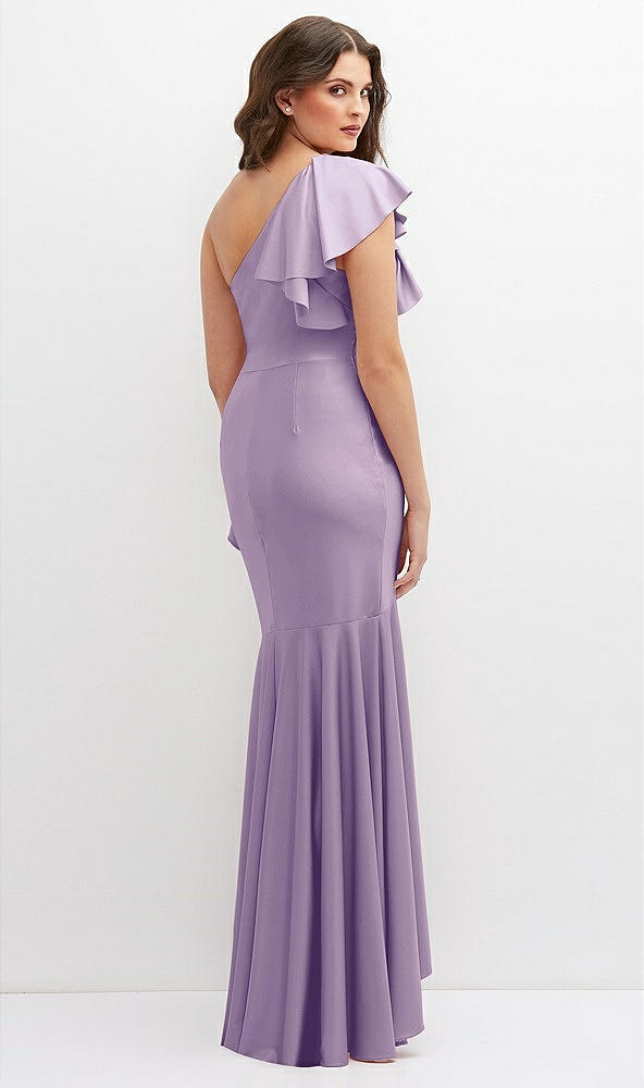 Back View - Pale Purple One-Shoulder Stretch Satin Mermaid Dress with Cascade Ruffle Flamenco Skirt