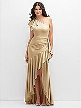 Front View Thumbnail - Soft Gold One-Shoulder Stretch Satin Mermaid Dress with Cascade Ruffle Flamenco Skirt