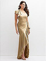 Side View Thumbnail - Soft Gold One-Shoulder Stretch Satin Mermaid Dress with Cascade Ruffle Flamenco Skirt