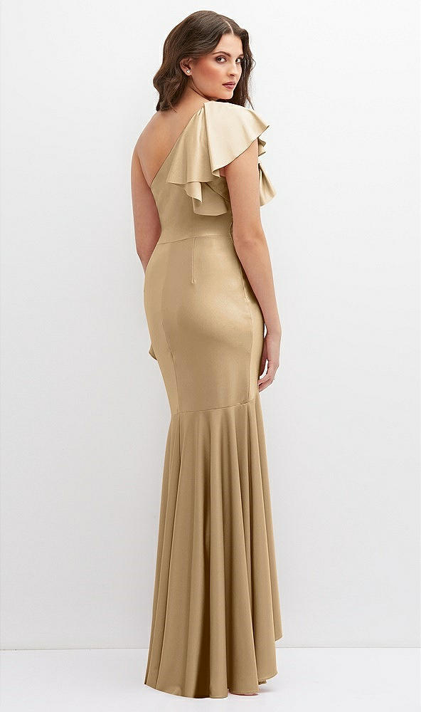Back View - Soft Gold One-Shoulder Stretch Satin Mermaid Dress with Cascade Ruffle Flamenco Skirt