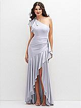 Front View Thumbnail - Silver Dove One-Shoulder Stretch Satin Mermaid Dress with Cascade Ruffle Flamenco Skirt