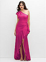 Front View Thumbnail - Think Pink One-Shoulder Stretch Satin Mermaid Dress with Cascade Ruffle Flamenco Skirt
