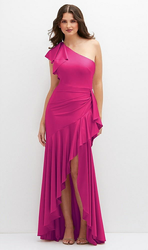 Front View - Think Pink One-Shoulder Stretch Satin Mermaid Dress with Cascade Ruffle Flamenco Skirt