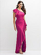 Side View Thumbnail - Think Pink One-Shoulder Stretch Satin Mermaid Dress with Cascade Ruffle Flamenco Skirt
