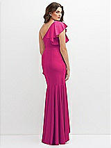 Rear View Thumbnail - Think Pink One-Shoulder Stretch Satin Mermaid Dress with Cascade Ruffle Flamenco Skirt