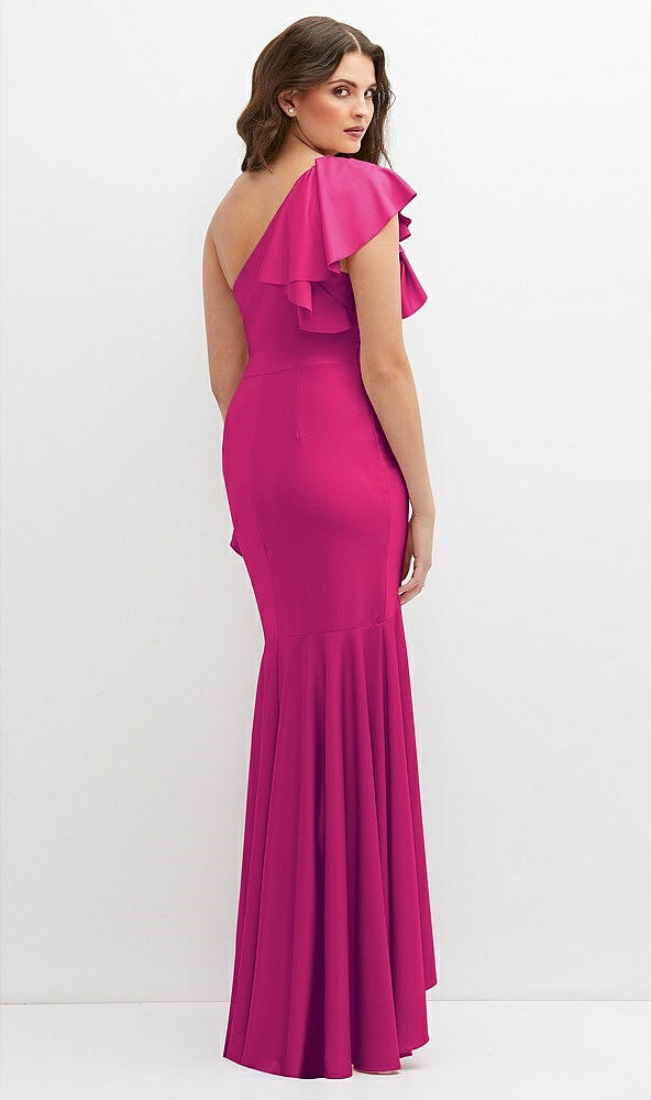 Back View - Think Pink One-Shoulder Stretch Satin Mermaid Dress with Cascade Ruffle Flamenco Skirt