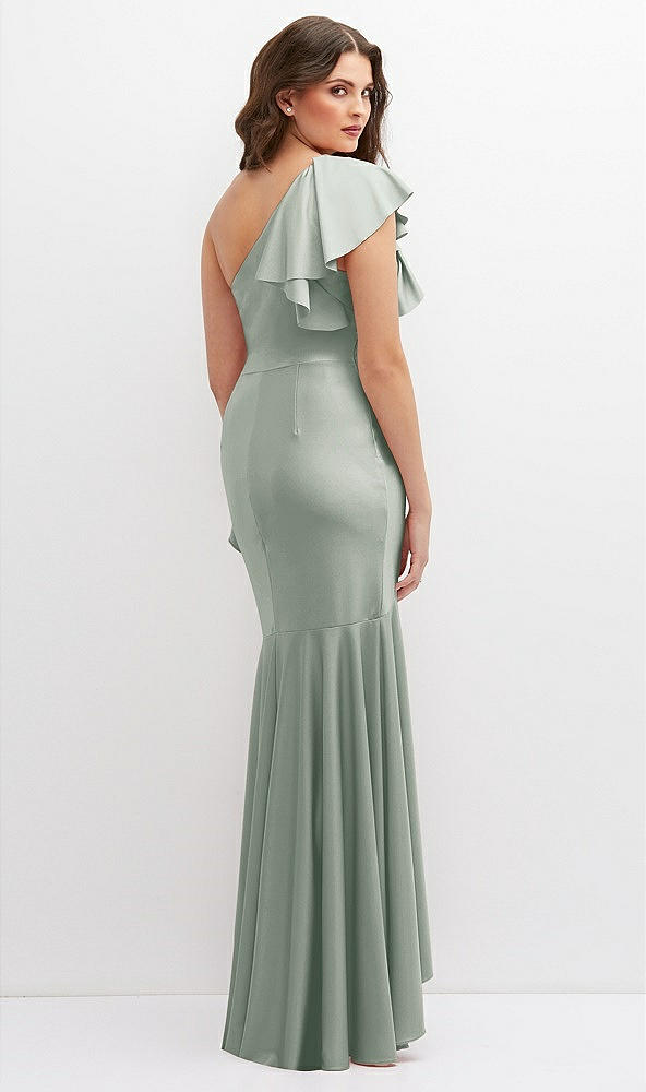 Back View - Willow Green One-Shoulder Stretch Satin Mermaid Dress with Cascade Ruffle Flamenco Skirt