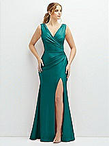 Front View Thumbnail - Peacock Teal Draped Wrap Stretch Satin Mermaid Dress with Horsehair Hem