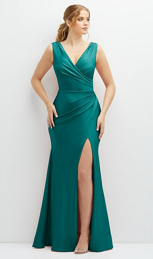 Front View - Peacock Teal Draped Wrap Stretch Satin Mermaid Dress with Horsehair Hem