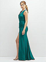 Side View Thumbnail - Peacock Teal Draped Wrap Stretch Satin Mermaid Dress with Horsehair Hem