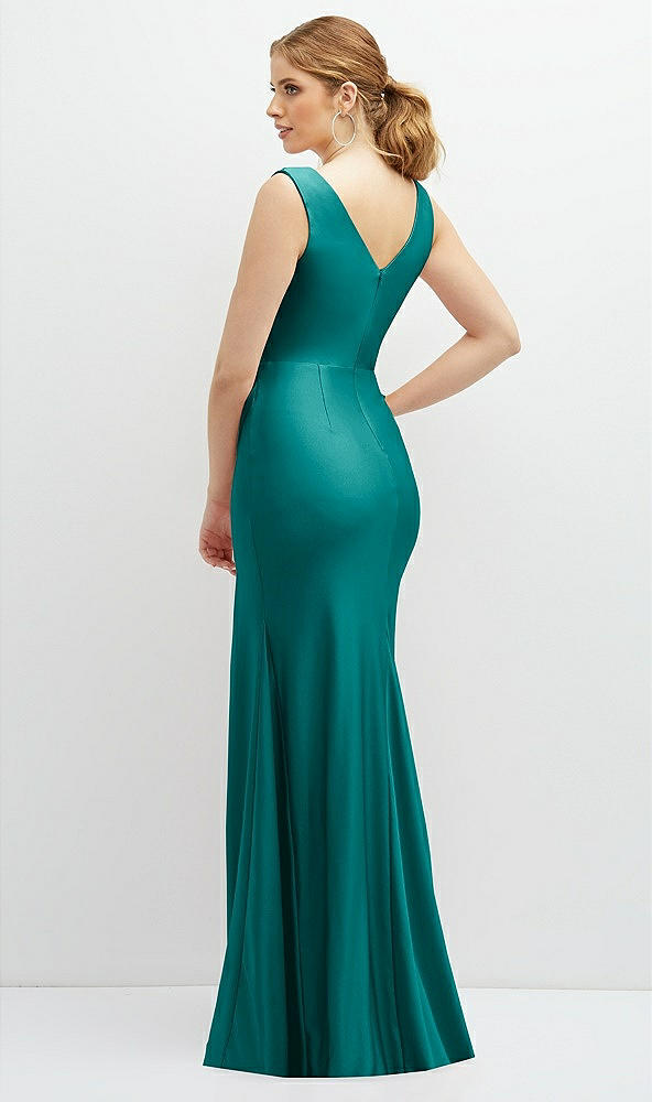 Back View - Peacock Teal Draped Wrap Stretch Satin Mermaid Dress with Horsehair Hem