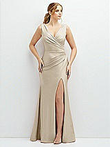 Front View Thumbnail - Champagne Draped Wrap Stretch Satin Mermaid Dress with Horsehair Hem