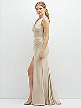 Side View Thumbnail - Champagne Draped Wrap Stretch Satin Mermaid Dress with Horsehair Hem