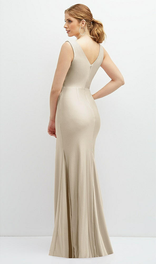 Back View - Champagne Draped Wrap Stretch Satin Mermaid Dress with Horsehair Hem
