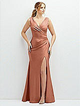 Front View Thumbnail - Copper Penny Draped Wrap Stretch Satin Mermaid Dress with Horsehair Hem