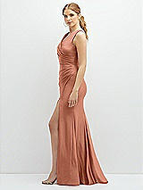Side View Thumbnail - Copper Penny Draped Wrap Stretch Satin Mermaid Dress with Horsehair Hem