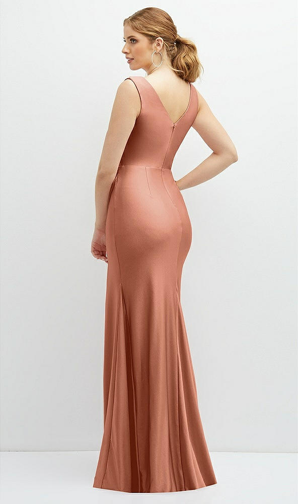 Back View - Copper Penny Draped Wrap Stretch Satin Mermaid Dress with Horsehair Hem