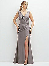 Front View Thumbnail - Cashmere Gray Draped Wrap Stretch Satin Mermaid Dress with Horsehair Hem