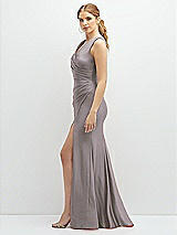 Side View Thumbnail - Cashmere Gray Draped Wrap Stretch Satin Mermaid Dress with Horsehair Hem