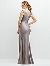 Rear View Thumbnail - Cashmere Gray Draped Wrap Stretch Satin Mermaid Dress with Horsehair Hem