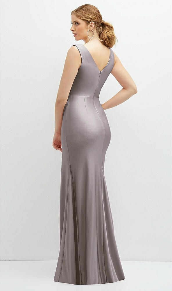 Back View - Cashmere Gray Draped Wrap Stretch Satin Mermaid Dress with Horsehair Hem