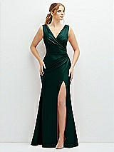 Front View Thumbnail - Evergreen Draped Wrap Stretch Satin Mermaid Dress with Horsehair Hem