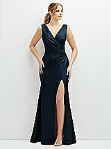 Front View Thumbnail - Midnight Navy Draped Wrap Stretch Satin Mermaid Dress with Horsehair Hem
