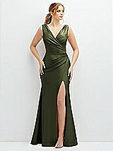 Front View Thumbnail - Olive Green Draped Wrap Stretch Satin Mermaid Dress with Horsehair Hem