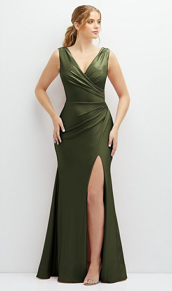 Front View - Olive Green Draped Wrap Stretch Satin Mermaid Dress with Horsehair Hem