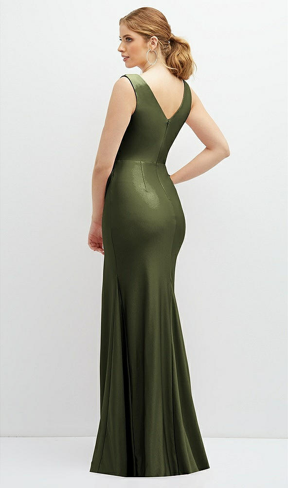 Back View - Olive Green Draped Wrap Stretch Satin Mermaid Dress with Horsehair Hem