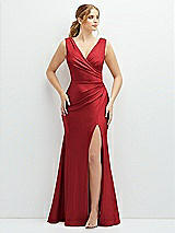 Front View Thumbnail - Poppy Red Draped Wrap Stretch Satin Mermaid Dress with Horsehair Hem