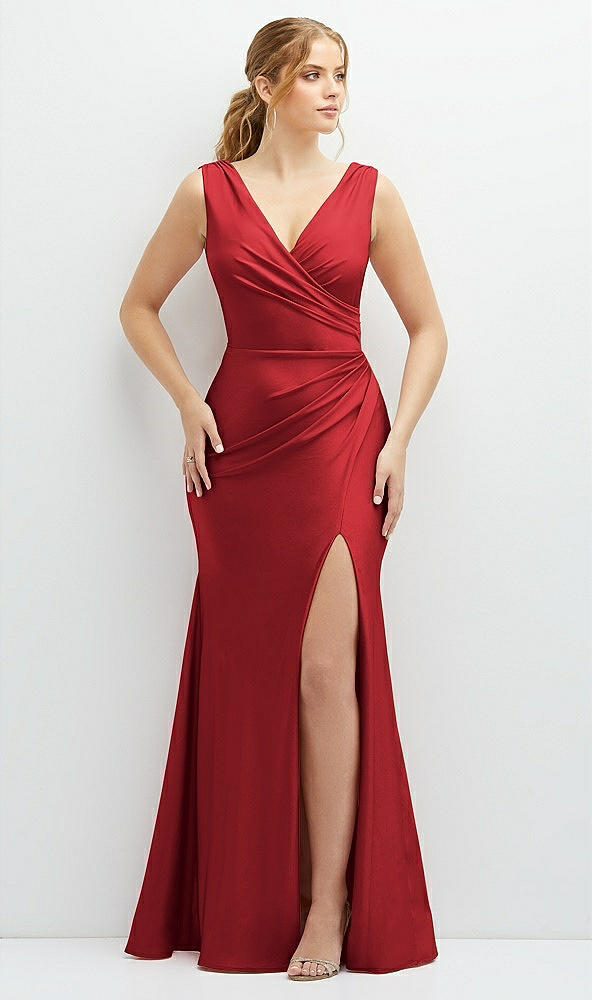Front View - Poppy Red Draped Wrap Stretch Satin Mermaid Dress with Horsehair Hem