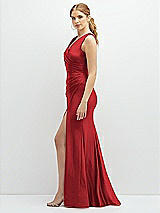Side View Thumbnail - Poppy Red Draped Wrap Stretch Satin Mermaid Dress with Horsehair Hem