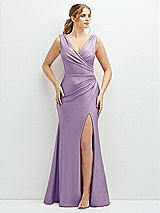 Front View Thumbnail - Pale Purple Draped Wrap Stretch Satin Mermaid Dress with Horsehair Hem