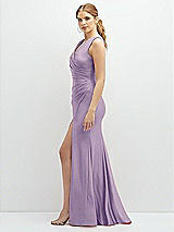 Side View Thumbnail - Pale Purple Draped Wrap Stretch Satin Mermaid Dress with Horsehair Hem