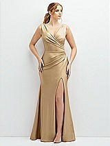 Front View Thumbnail - Soft Gold Draped Wrap Stretch Satin Mermaid Dress with Horsehair Hem