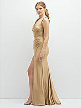 Side View Thumbnail - Soft Gold Draped Wrap Stretch Satin Mermaid Dress with Horsehair Hem