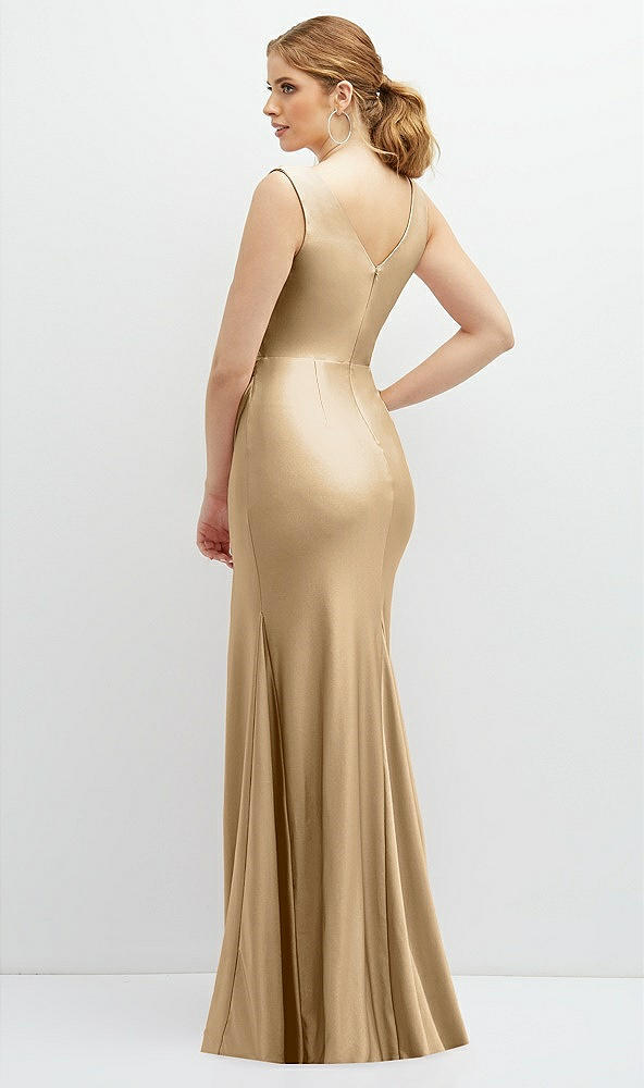 Back View - Soft Gold Draped Wrap Stretch Satin Mermaid Dress with Horsehair Hem